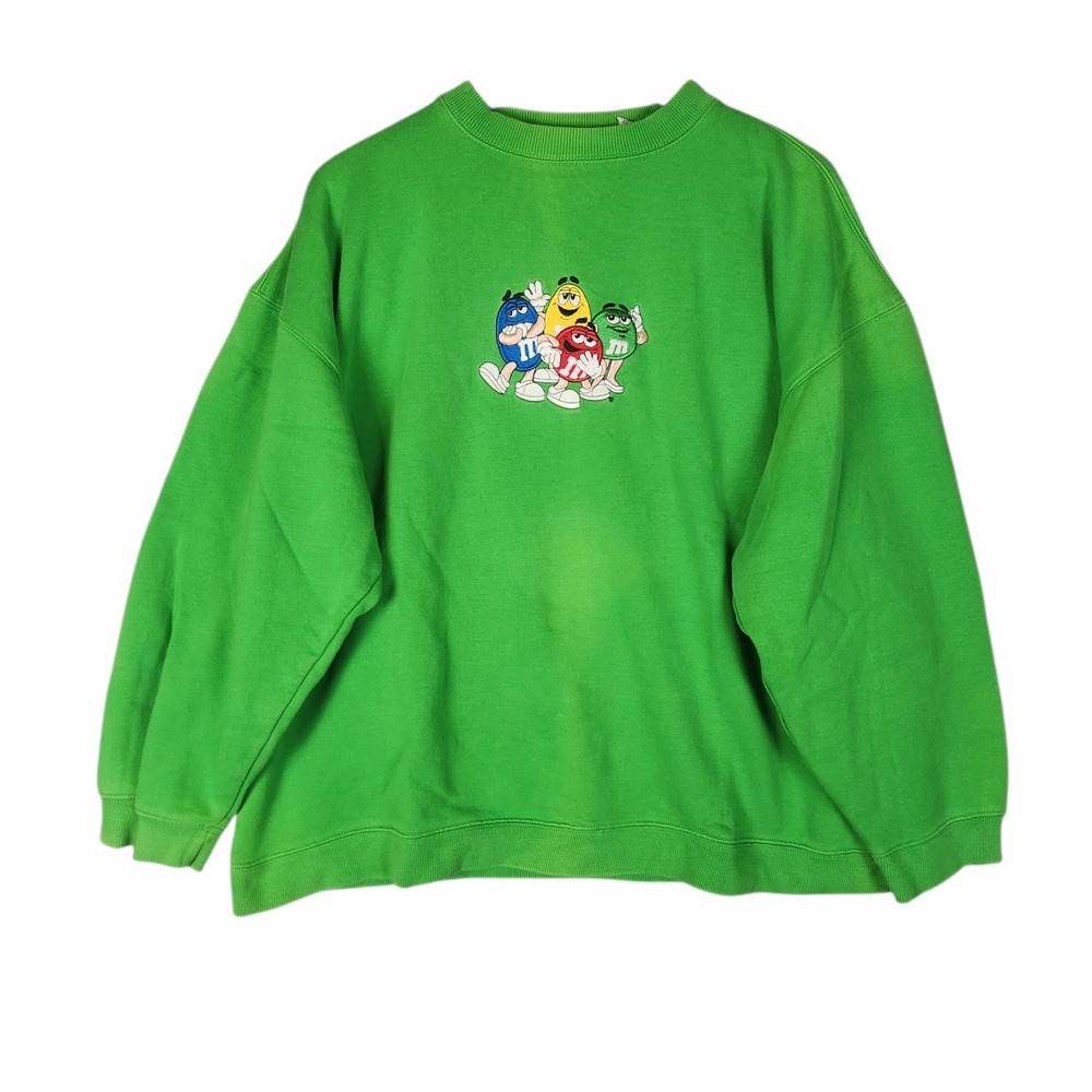 Vintage 90s M&M's Crewneck Sweatshirt Large Green Embroidered Character Graphic